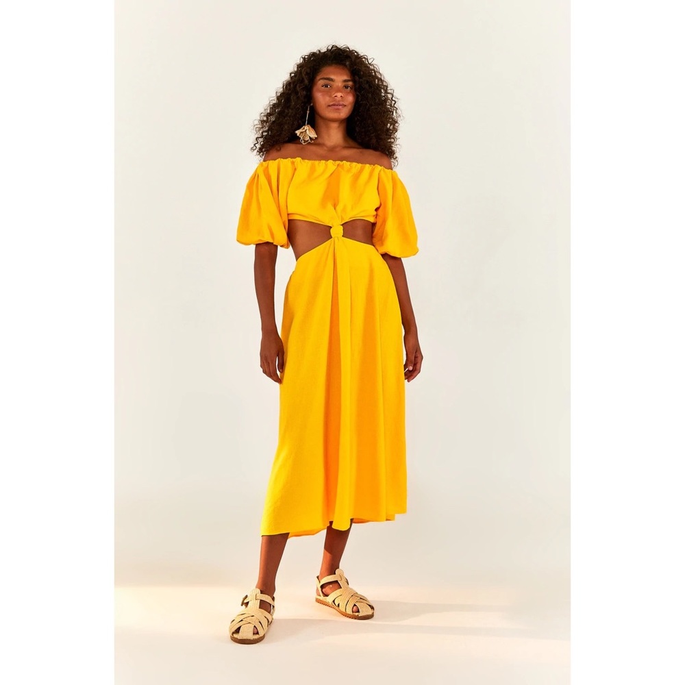 NWOT Farm Rio Yellow Off-The-Shoulder Cut-Out Knot Midi Dress